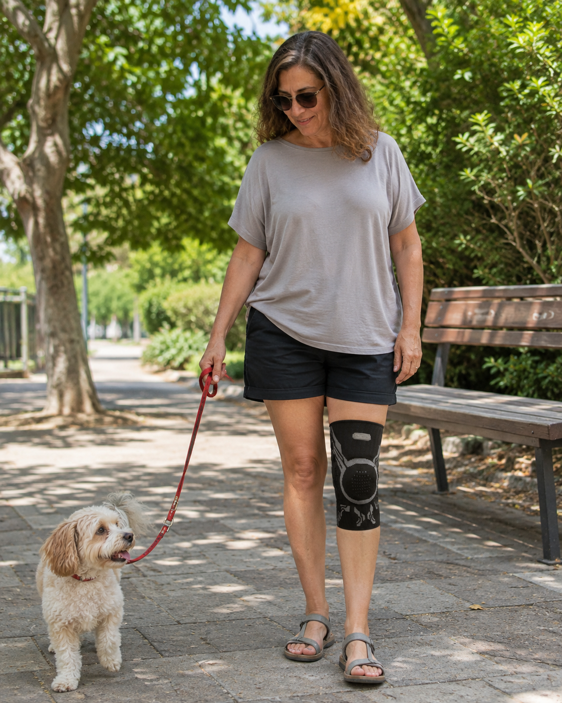 קרן דגן לובשת את שרוול הברך Knee+